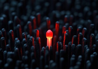A single lit matchstick glows brightly among unlit black matchsticks, highlighting the contrast between light and darkness.