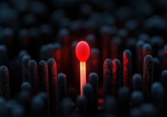 A single lit matchstick glows brightly among unlit black matchsticks, highlighting the contrast between light and darkness.