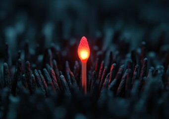 A single lit matchstick glows brightly among unlit black matchsticks, highlighting the contrast between light and darkness.