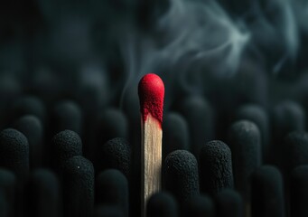A single lit matchstick glows brightly among unlit black matchsticks, highlighting the contrast between light and darkness.
