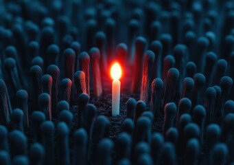 A single lit matchstick glows brightly among unlit black matchsticks, highlighting the contrast between light and darkness.