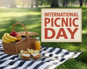 A charming image of a wicker picnic basket overflowing with fruits, sandwiches, and a cheerful picnic blanket on a grassy field.