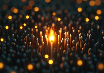 A single lit matchstick glows brightly among unlit black matchsticks, highlighting the contrast between light and darkness.