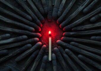 A single lit matchstick glows brightly among unlit black matchsticks, highlighting the contrast between light and darkness.