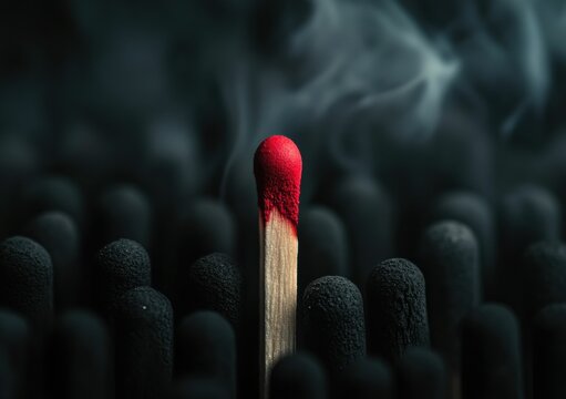 A single lit matchstick glows brightly among unlit black matchsticks, highlighting the contrast between light and darkness.