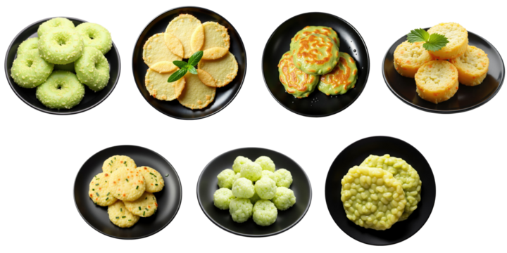 Thai desserts featuring deep fried pandan-flavored rice flour and various sweet treats presented on transparent plates against a contrasting background, showcasing a variety of textures and colors.