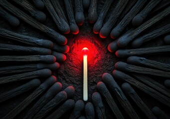 A single lit matchstick glows brightly among unlit black matchsticks, highlighting the contrast between light and darkness.