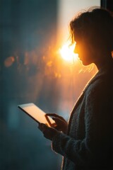 Person Holding Transparent Digital Device with Glowing Background