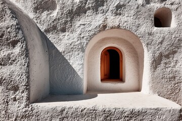 Architectural detail of a whitewashed wall with arched window and geometric shadows, capturing texture