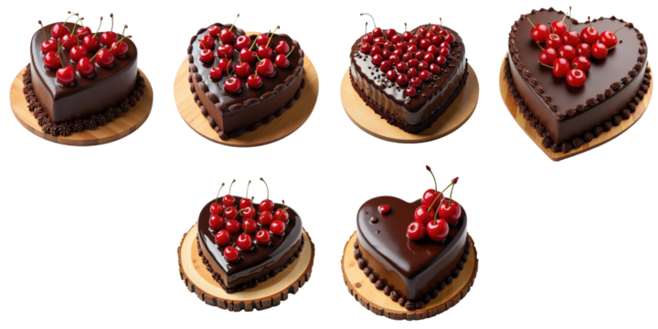 Various heart-shaped homemade chocolate cakes adorned with cherry toppings displayed on round wooden boards against a transparent background.