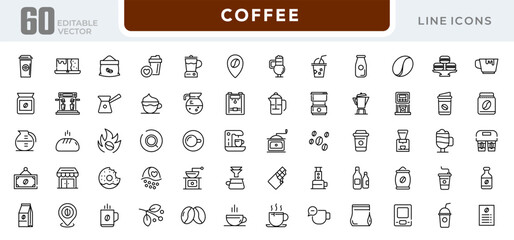 Coffee linear icon set. Latte, drink, coffee beans, roasting, breakfast, morning tea, coffee shop, mug, cup, coffee machine, sugar, caffeine, outline icon collection. UI thin vector icon pack