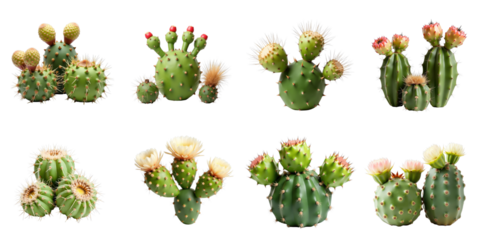 Variety of cacti including lophophora williamsii and San Pedro arranged in a grid on a transparent background featuring different shapes and flower colors.