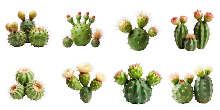 Variety of cacti including lophophora williamsii and San Pedro arranged in a grid on a transparent background featuring different shapes and flower colors.