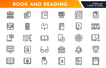 Book and reading linear icon set. knowledge, library, dictionary, ebook, school, paper, success, achievement, thinking, light bulb, genius idea outline vector icon set. UI thin line icon pack.