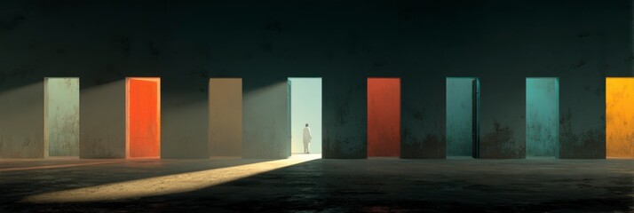 Identical Closed Doors in a Row with Dramatic Lighting Effects