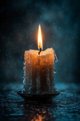 Single Flickering Candle Flame in Dark Atmosphere with Rain