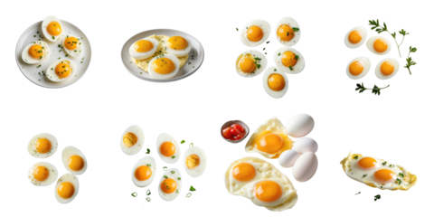 Collection of fresh eggs and cooked egg dishes arranged on various plates isolated on a transparent background perfect for culinary presentations and food styling.