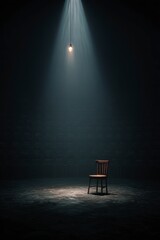 Single Wooden Chair Under Spotlight in Dimly Lit Room