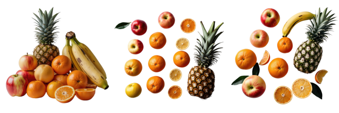 Assorted fresh fruits including apples, tangerines, oranges, bananas, and pineapples arranged in three clusters on a transparent background with transparent separation