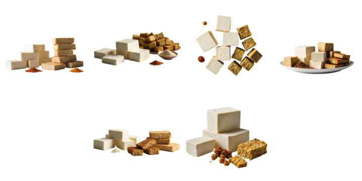 Various types of tofu and tempeh displayed on a transparent background showcasing different shapes and textures with spices arranged around the products for visual enhancement.
