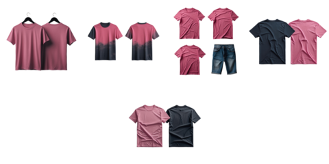 Pink and dark color T-shirt mockup featuring front and back views, isolated on a transparent background with additional styles and variations of T-shirts and shorts.