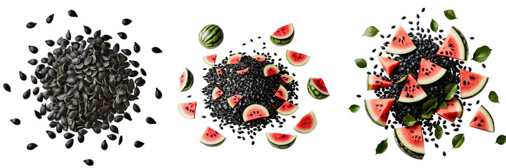 Obraz na płótnie Canvas Watermelon Seeds and Slices Composition Isolated on transparent Background, Featuring Raw transparent Seeds, Sliced Pink Watermelon Pieces, and Green Leaves for Visual Contrast