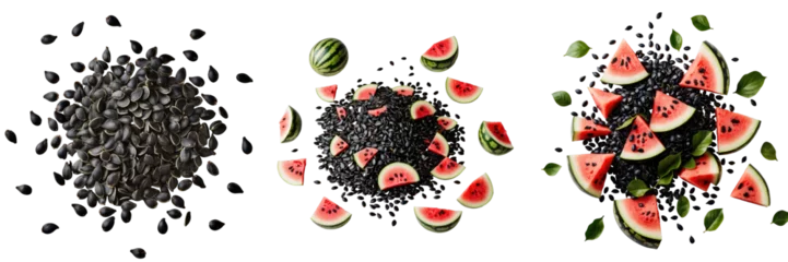 Fototapete Watermelon Seeds and Slices Composition Isolated on transparent Background, Featuring Raw transparent Seeds, Sliced Pink Watermelon Pieces, and Green Leaves for Visual Contrast © The 2R Artificiality