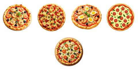 Variety of six delicious pizzas including seafood, vegetable, and pepperoni options displayed on a transparent background with isolation for clear visibility and presentation.
