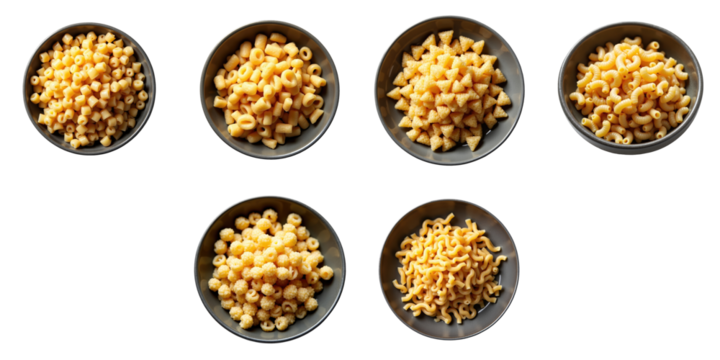 Variety of uncooked pasta shapes arranged in dark bowls on transparent background, top view, showcasing different textures and forms of traditional pasta types, isolated with clarity.