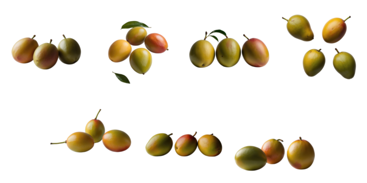 Collection of fresh mangoes with different variations in color and size isolated on transparent background showcasing natural textures and organic shapes