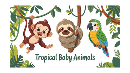 Obraz premium Cute Tropical Baby Animals: Monkey, Sloth, Parrot in Jungle Cartoon Illustration