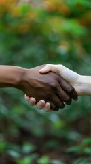 Diverse hands shaking in nature
