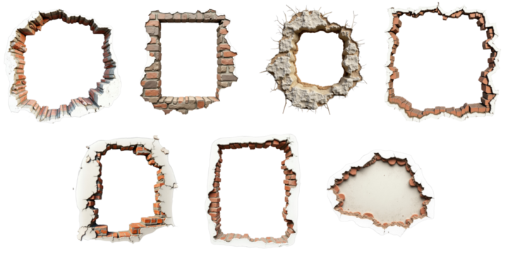 Collection of eight isolated damaged wall segments with varying hole shapes and textures featuring brick and plaster details on a transparent background