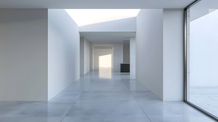Minimalist white architectural hallway with clean lines and natural light