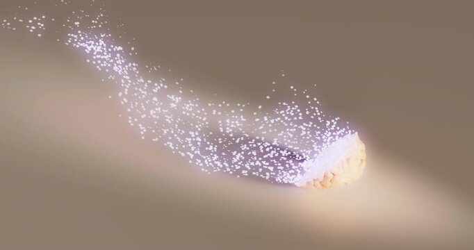 A human brain dissolving into digital particles, symbolizing memory loss, AI transformation, or fading thoughts. Conceptual 3D illustration for science, dementia, or data consciousness themes.