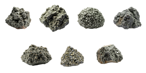 Collection of macro mineral stone specimens of Arsenopyrite with detailed textures and structures displayed on a transparent background for scientific or educational use.