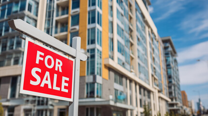 Obraz premium Real estate sign indicates available units in modern apartment building at sunny daytime with clear blue sky