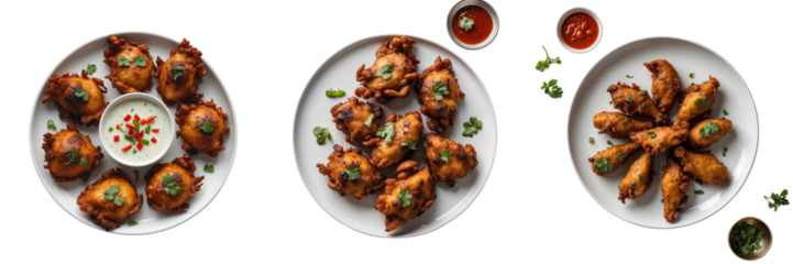 Assorted Chicken Pakoras served on white plates with green cilantro garnish, accompanied by dipping sauces on a transparent background, ideal for food presentation.