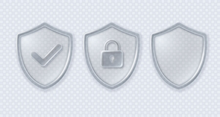 Set of shields with approval check mark and closed padlock in transparent glass style. Vector 3d illustration.