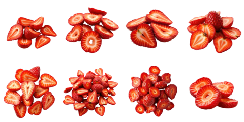 Dried sliced strawberry chips displayed on a transparent background arranged in various piles showcasing different shapes and sizes of the fruit pieces