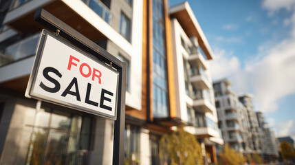 Obraz premium Modern apartments for sale in a vibrant urban neighborhood with clear blue skies