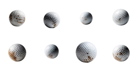 Set of eight isolated old golf balls with varying degrees of wear and dirt against a transparent background, highlighting surface texture and imperfections.