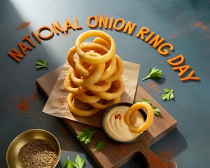 Overhead view of a wooden platter loaded with golden-brown onion rings, garnished with fresh parsley, alongside a dipping sauce and a sprinkle of seasoning. 