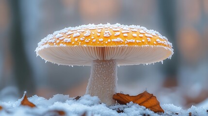 Frosty Yellow Mushroom in Winter Forest.