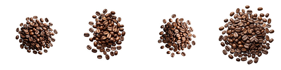 Fototapeta premium Group of roasted coffee bean piles viewed from above on transparent background arranged in varying sizes illustrating texture and color variations.