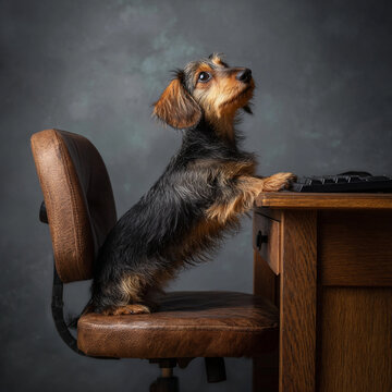 A wirehaired dachshund standing on a chair at a desk with a keyboard looking up in a studio setting