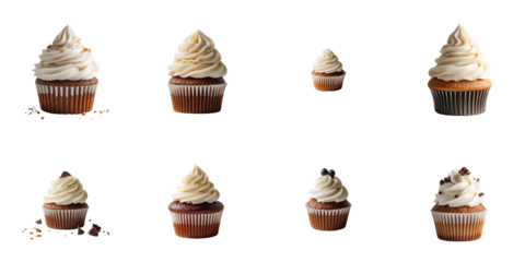 Assorted cupcakes on a transparent background featuring various sizes and flavors with creamy frosting and decorative toppings arranged in a grid layout.