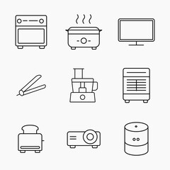Set of minimal outline style icon representing various household and electronic appliances on a light background