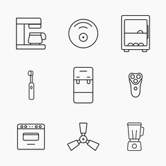 Collection of clean outline style icon showing various home and personal electrical appliances on a plain background