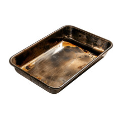 Worn metal baking tray with scratches and rust, showcasing its age and use in kitchen. This tray is perfect for baking or roasting various dishes, adding rustic touch to culinary creations